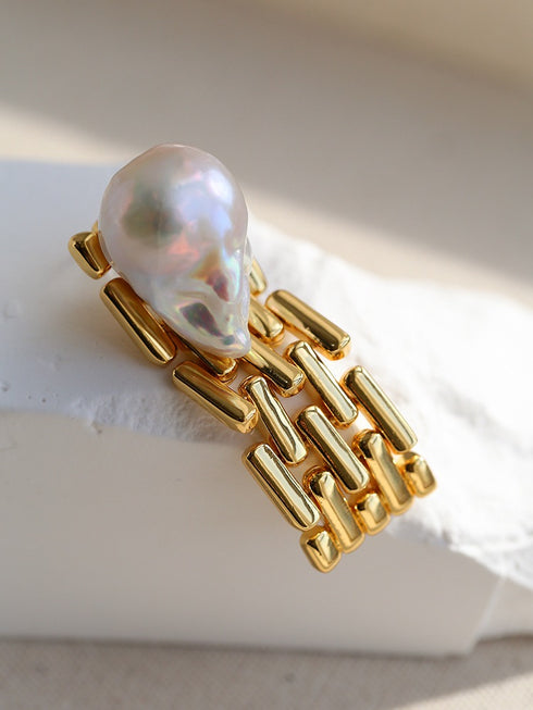 Bold Baroque Pearls Gold Chain Earrings